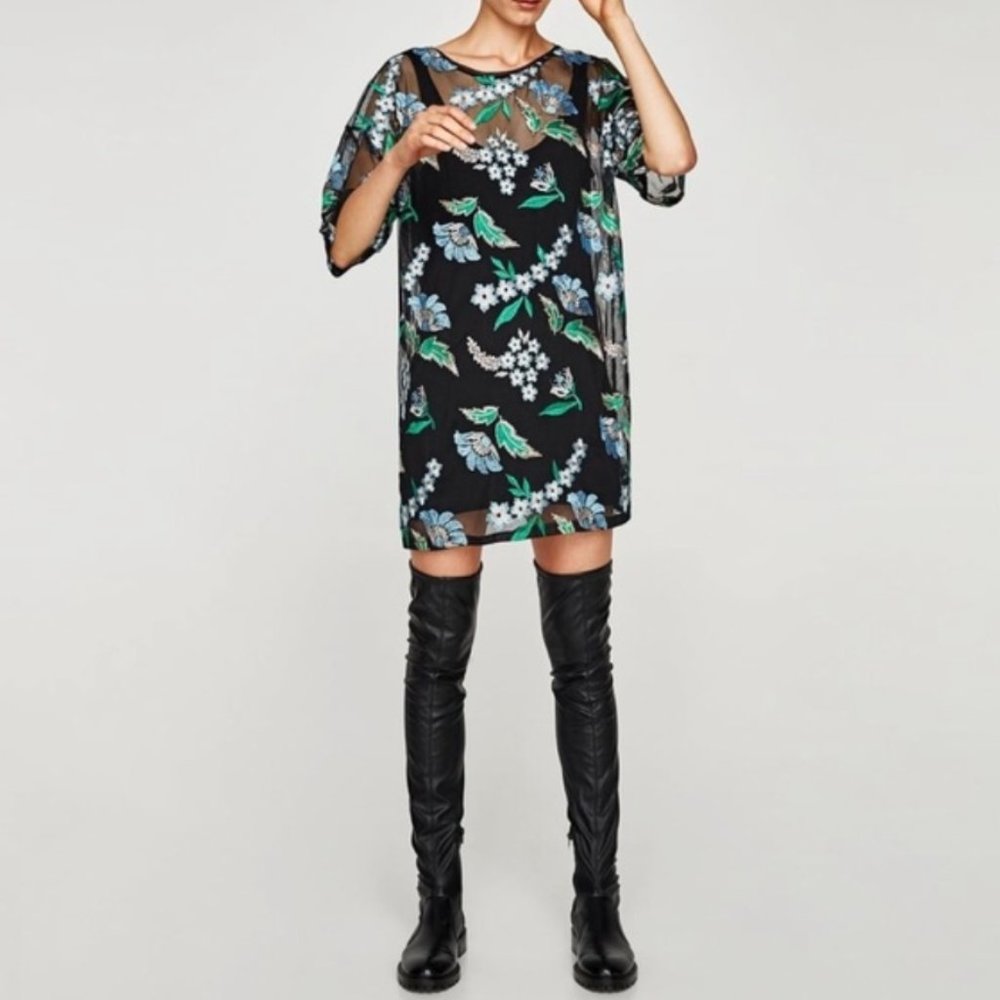 Zara Floral/Black Semi-Sheer Mini Dress